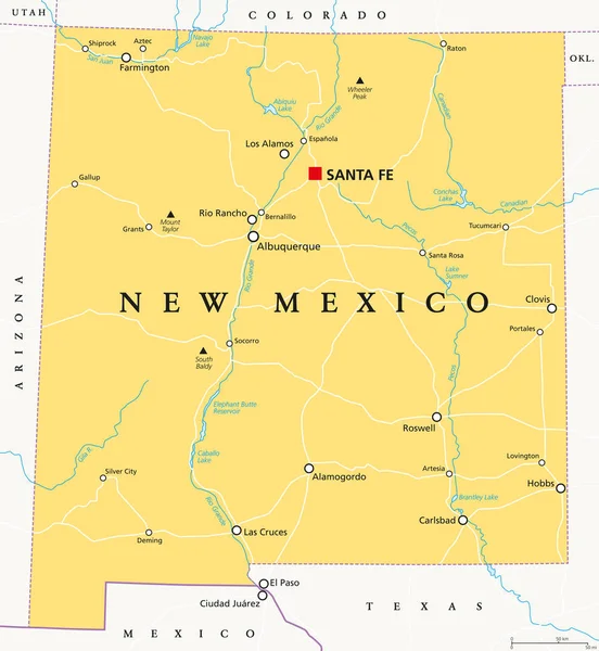 新墨西哥州 政治地图 与首都圣达菲 重要城市 河流和湖泊 美国西南部地区的州 英文标签 — 图库矢量图片