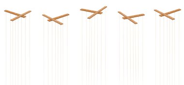 Wooden marionette control bars. Five items with strings and no puppets. Symbol for manipulation, control, authority, domination - or just as a toy for a puppeteer. Isolated vector on white. clipart