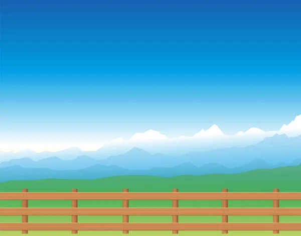 牧草地のフェンス 背景の青い山と緑豊かな緑の夏草原 ベクトル図 — ストックベクタ