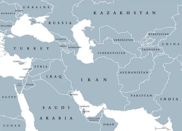 Güneybatı Asya gri siyasi harita — Stok Vektör
