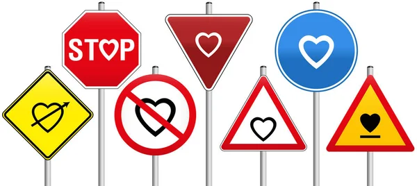 Segnali stradali Cuori Amore Regole Regolamenti del traffico — Vettoriale Stock