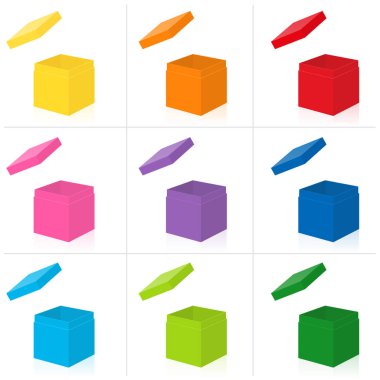 Renkli hediye kutuları. Ekstra açık kapaklı renkli set. Doldurulacak boş kutu kümesi. Beyaz arka planda yalıtılmış 3d vektör çizimi.