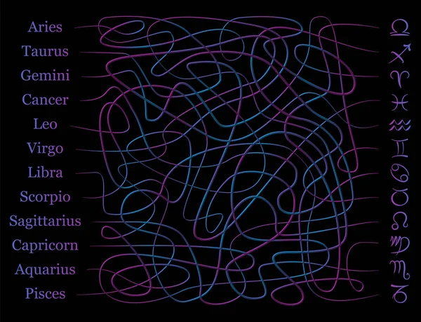 Astroloji sembolleri labirent. Burç labirenti. Adları sembollerle bağlamak için karışık mistik çizgilerin doğru yolunu bulun. — Stok Vektör