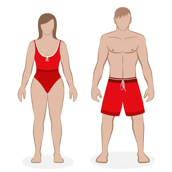 Casal de roupa de banho com fato de banho vermelho e calções de banho, roupa a condizer, parceira. Ilustração vetorial isolada sobre fundo branco . —  Vetores de Stock