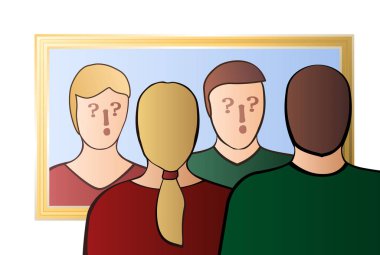 Aynada görünümlü belirsiz bir çift. Belirsizlik, yabancılaşma, kimlik krizi, kendini şüpheler, şüphecilik, şaşkınlık, karışıklık, bilinç kaybı veya Daze. Yüz soru ve ünlem işaretleri.