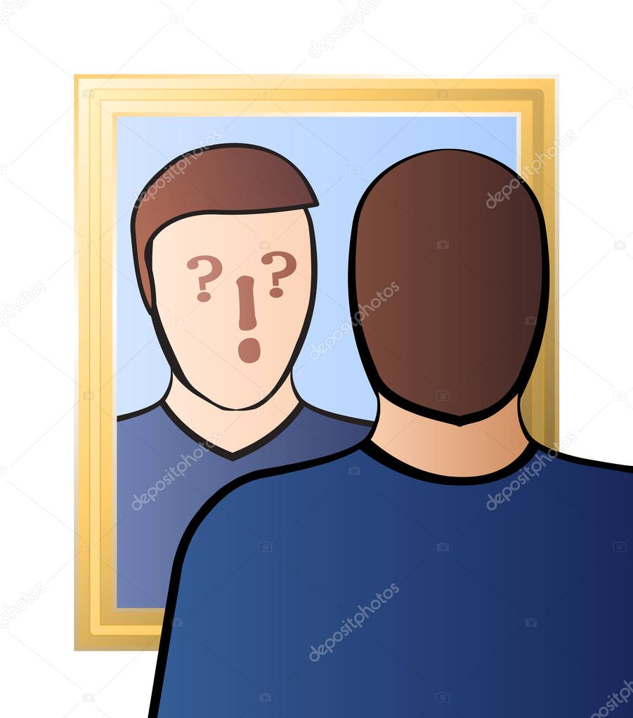 Doubtful man looking in the mirror - identity crisis, uncertainty, self-doubts, scepticism, bewilderment, confusion, unconsciousness or daze - with question and exclamation marks in his face.