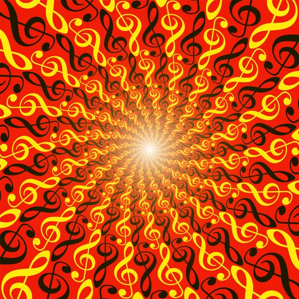 Notenschlüssel explodieren. kräftiges spiralförmiges Muster, leuchtender Tunnel mit leuchtendem Zentrum. verdreht kreisrunde rote und gelbe fraktale Hintergrund Illustration. — Stockvektor