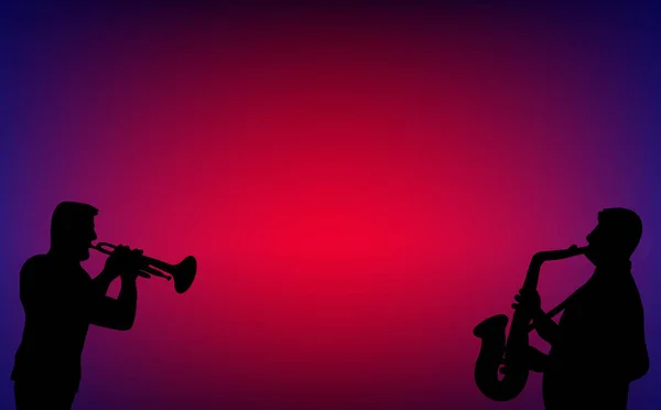 Trompeter und Saxofonspieler duellieren sich und spielen Jazz, Blues, Swing oder Liebeslieder in einer schummrigen Nachtbar. Silhouette Vektor Illustration auf blauem und rotem Hintergrund. — Stockvektor