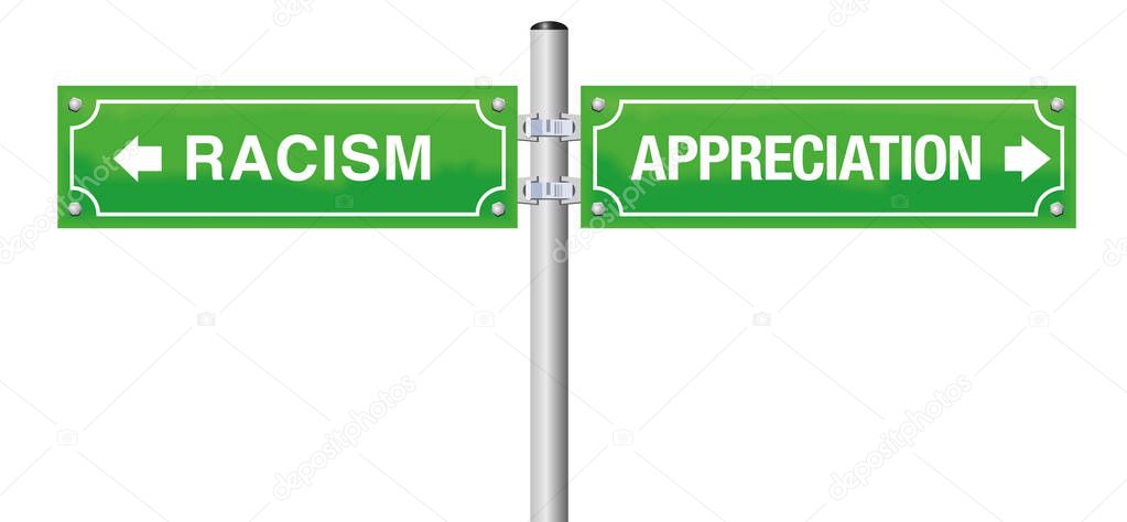 Racism appreciation road sign. Symbol against xenophobia, discrimination, mobbing, prejudice and violence. Isolated vector illustration on white background.