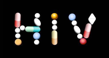 Hiv tabletler, haplar ve kapsüller ile yazılmış. Siyah arka plan üzerinde yalıtılmış vektör çizimi.