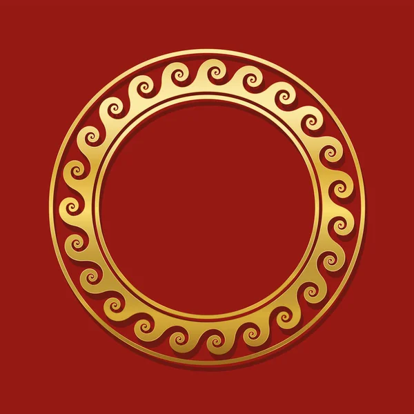 Marco redondo dorado con espirales u ondas, patrón circular griego sin costuras. Borde antiguo decorativo, motivo geométrico repetido. Vector aislado sobre fondo rojo . — Vector de stock