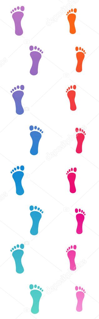Footprints of a barefoot love couple. Romantic and colorful footsteps on their way to happiness. Isolated vector illustration on white background.