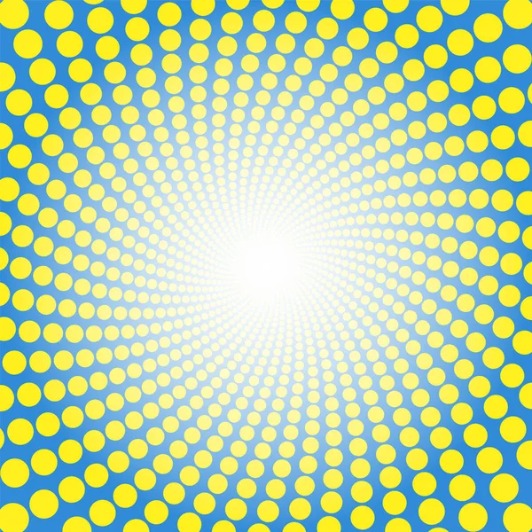 Patrón espiral azul amarillo. Túnel punteado con centro de luz - fondo circular retorcido ilustración, hipnótico y psicodélico . — Archivo Imágenes Vectoriales