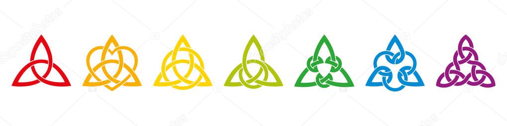Seven rainbow colored Celtic triangle knots