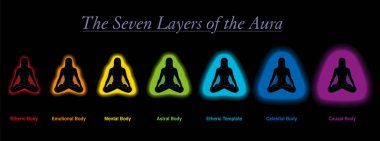 Meditasyon oturan bir kadın Aura katmanları. Eter, duygusal, zihinsel, astral, göksel ve nedensel vücut bir şablon. Yedi farklı gökkuşağı renkli auralar. Siyah arka planda vektör.
