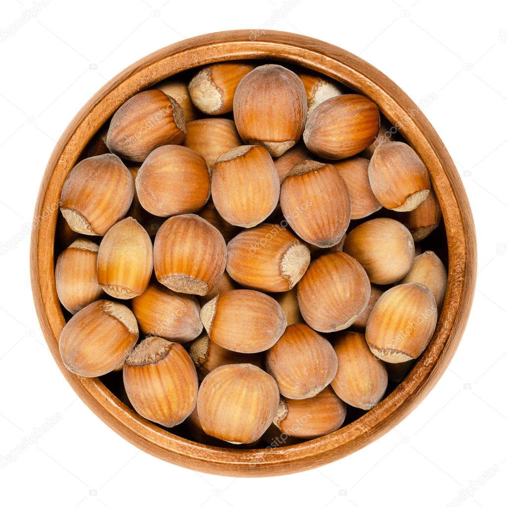Unshelled ripe hazelnuts in wooden bowl