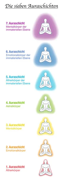 Diagramma di sette corpi aura, nomi tedeschi, uomo di yoga meditante. Strato e modello eterici, emotivi, mentali, astrali, celesti e causali. Aree colorate di arcobaleno diverse. Vettore bianco . — Vettoriale Stock