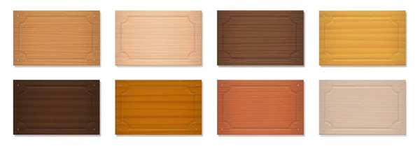 Letreros de madera, placas de identificación en blanco, placas rectangulares. Set con diferentes colores y texturas de varios árboles - marrón, oscuro, gris, claro, rojo, amarillo, naranja modelos de decoración - vector en blanco . — Archivo Imágenes Vectoriales