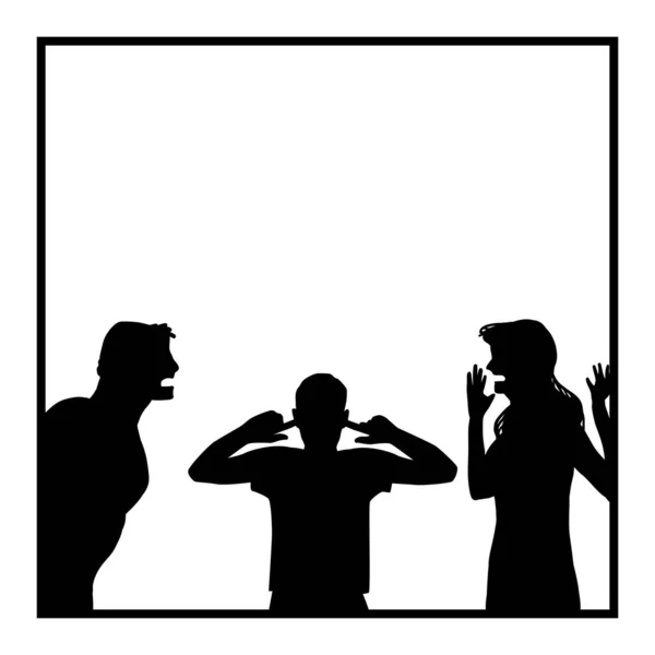 Quarreling parents with annoyed, stressed son covering his ears because of the aggressiv screaming, yelling, shouting and violence. Vector illustration on white. — Stock Vector