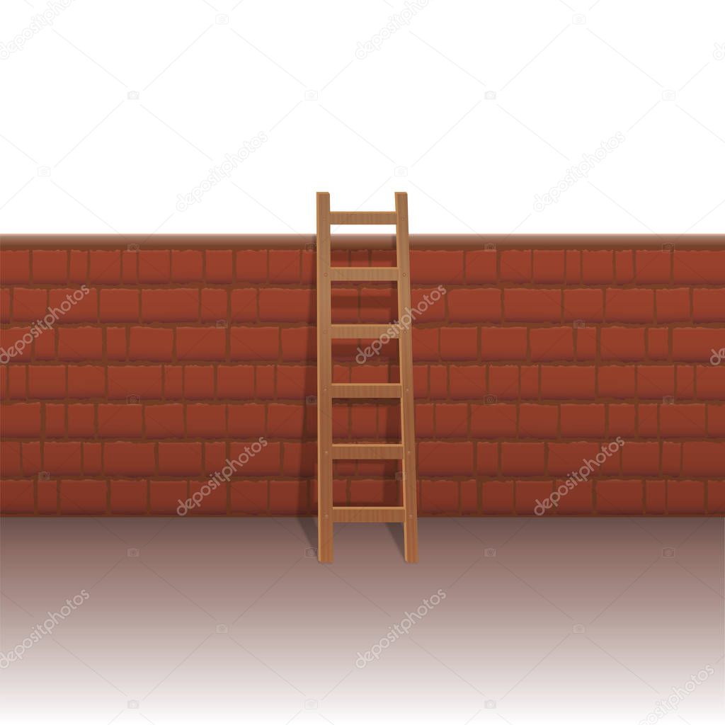 Brick wall with ladder to overcome obstacles and hurdles, to manage problems, to escape the everyday life, to break out from restrictions. Isolated vector illustration on white background.