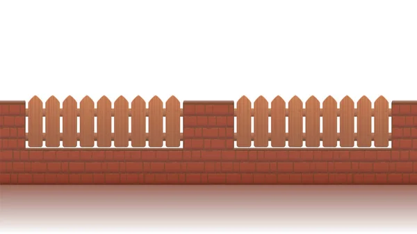 Nízká cihlová zeď s malým dřevěným plotem. Bezproblémově prodloužitelné. Izolovaná vektorová ilustrace na bílém pozadí. — Stockový vektor