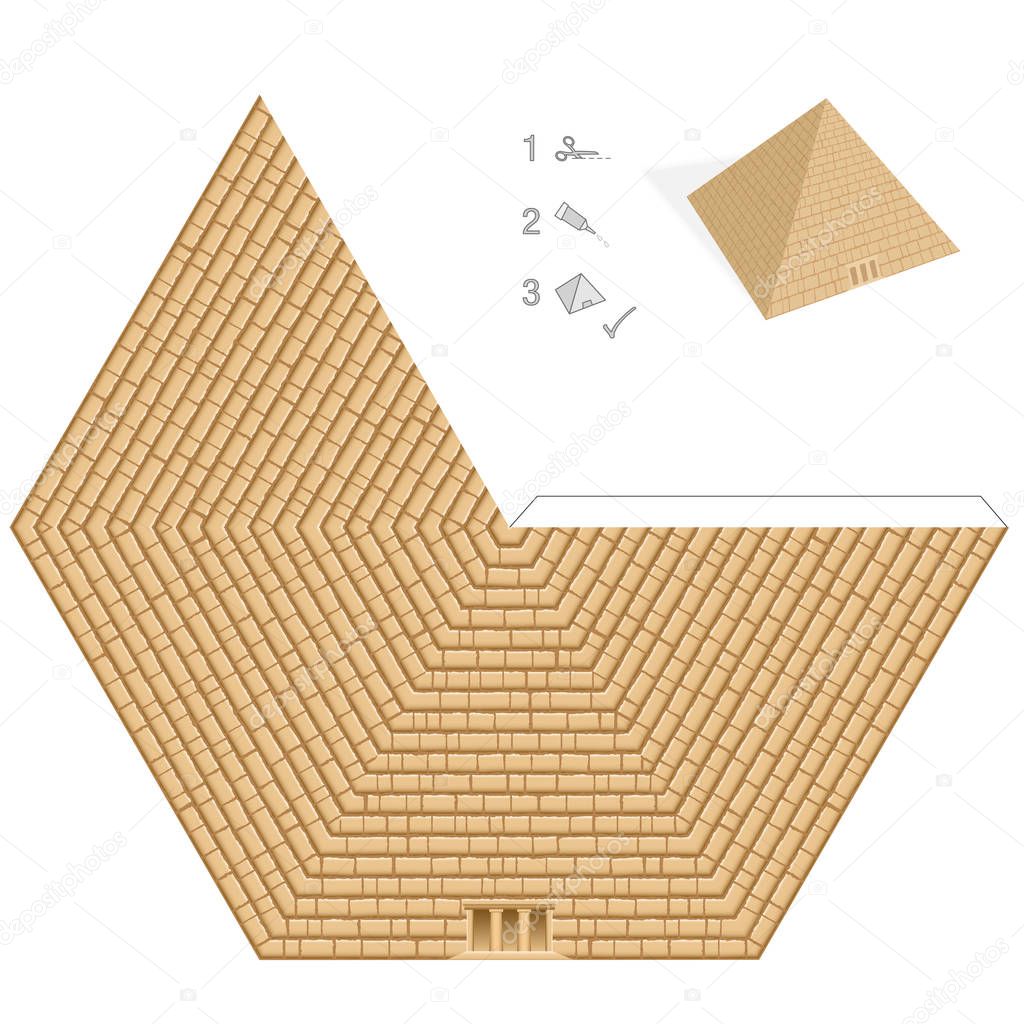 Pyramid paper model. Easy template - historical, egyptian 3D paper art - cut out, fold and glue it. Vector illustration on white background.
