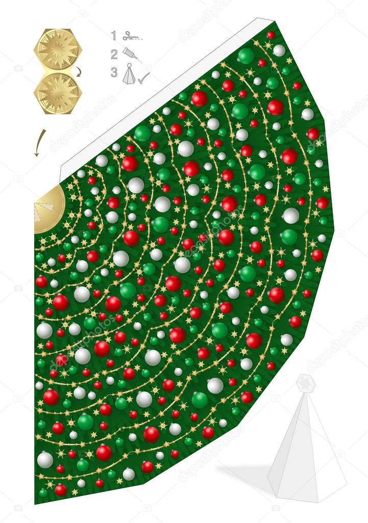 Paper model of christmas tree with red, green and white christmas balls and straw stars. Template to cut out, to fold and glue. Vector illustration on white background.  