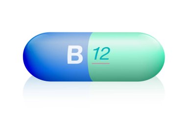 B12 hapı, vitamin eksikliğini önlemek için vejetaryenler ve vejetaryenler için suni, sentetik ya da doğal katkı maddesi. Resim, beyaz arkaplan.