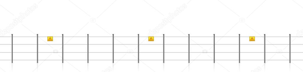 Electric fence, seamless extendable, with caution sign, warning of electrical shock. Isolated vector illustration on white background.