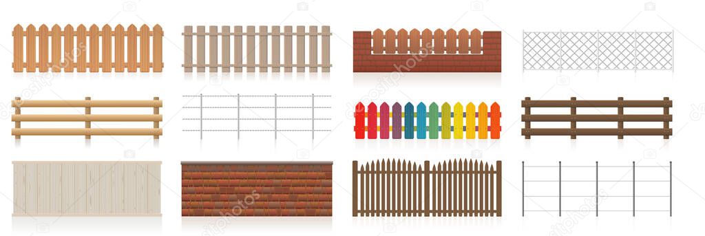 Fences set. Different fences like wooden, garden, electric, picket, pasture, wire fence, wall, barbwire and other railings. Isolated vector illustration on white background.