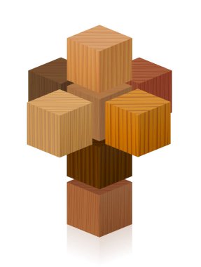 Corpus Hypercubus, Tesseract veya Octachoron 4 boyutlu bir hiperküp elde etmek için 4. boyutta katlandılar, özel bir matematiksel ve geometrik sorun. Sekiz ahşap desenli küp, beyaz vektör..