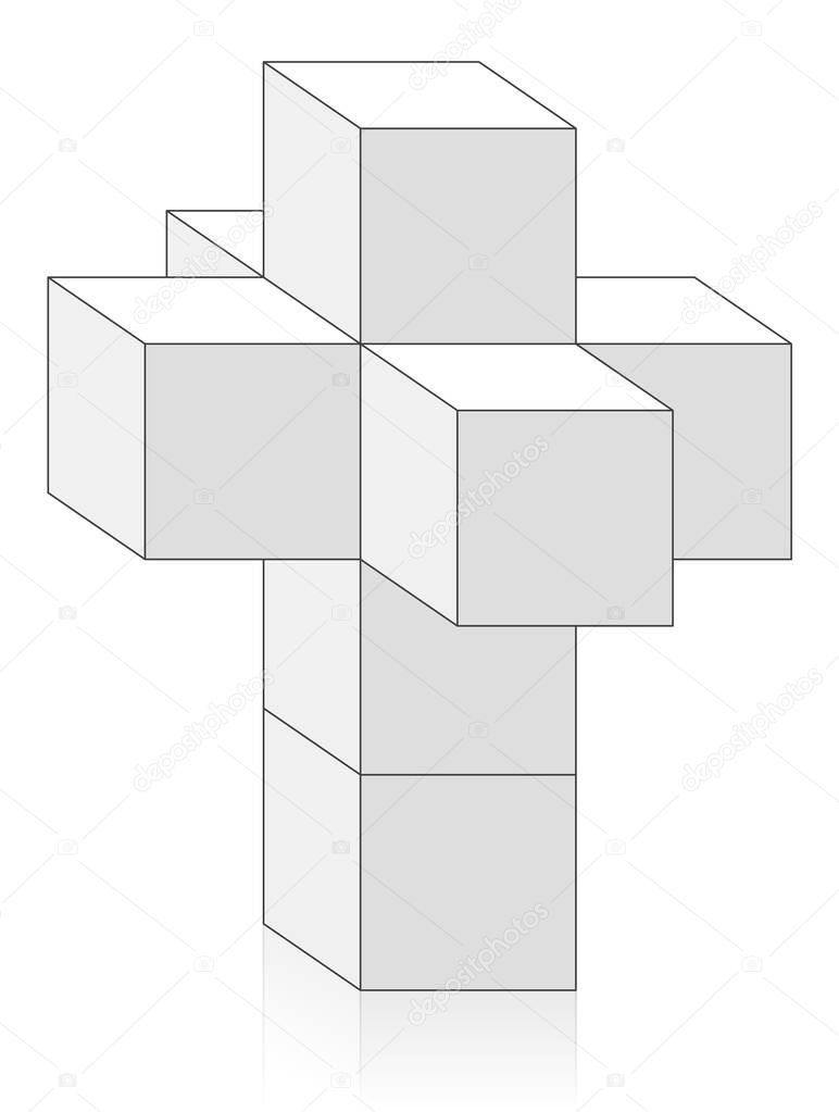 Tesseract, Hypercubus or Octachoron folded in 4th dimension to get a 4D Hypercube net, a special mathematical and geometrical issue with eight cubes. Vector illustration on white background.