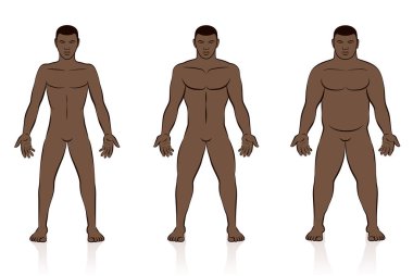 Body types. Slim, normal and fat black man. Underweight, normal weight and overweight male body. Comic vector illustration of three men with different anatomy. clipart
