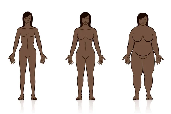 体のタイプ スリム 通常と脂肪黒の女性 低体重 通常の重量と太りすぎの女性の体 解剖学の異なる3人の女性の漫画のベクトルイラスト — ストックベクタ