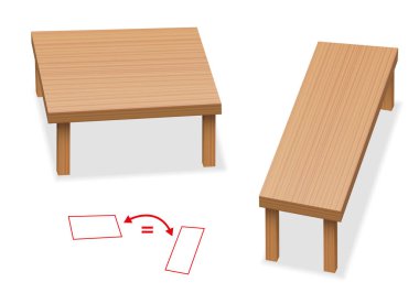 Optik illüzyon. Masa üstüyle tamamen aynı büyüklükte iki masa. Göreceli algı. İki tahta yüzey farklı görünüyor..