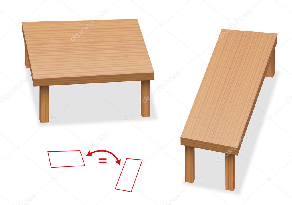 Optical illusion - two tables with exactly the same size of tabletop - relative size perception. The two wooden surfaces seam to be different.