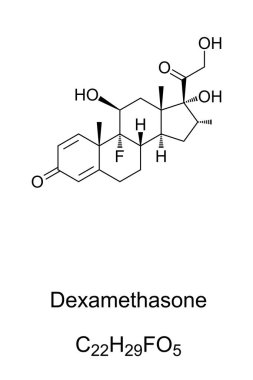 Dexamethasone. Chemical structure. Corticosteroid medication. Treatment of rheumatic problems, skin diseases, allergies, asthma, chronic lung disease, brain swelling and eye pain. Illustration. Vector clipart