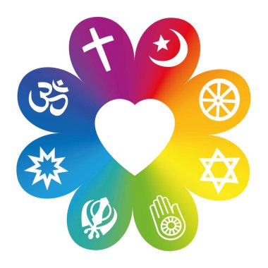 World religions. Symbols on a rainbow colored flower with a heart in center as a symbol for religious unity or commonness - Christianity, Islam, Buddhism, Hinduism, Judaism, Jainism, Sikhism, Bahai. clipart