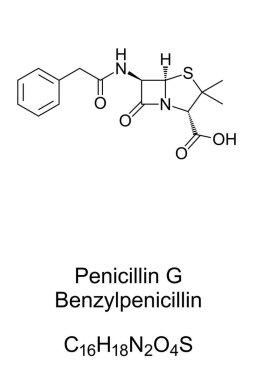 Benzylpenisilin, penisilin G. Antibiyotiğin kimyasal yapısı ve iskelet formülü, damara veya kasa enjekte edilerek verilen bazı bakteriyel enfeksiyonların tedavisinde kullanılır. İllüzyon. Vektör.