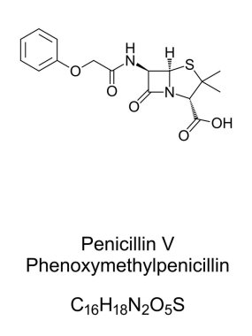 Fenoksimetilpenisilin, kimyasal yapı ve penisilin V, PcV veya penisilin VK 'nin iskelet formülü. Ağızdan verilen bir dizi bakteriyel enfeksiyonun tedavisinde kullanılan antibiyotik. İllüzyon. Vektör.