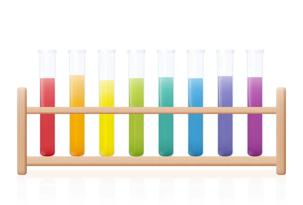 Test Tube Rack Rainbow Colored Substances Wooden Holder Colorful Fluids — Stock Vector