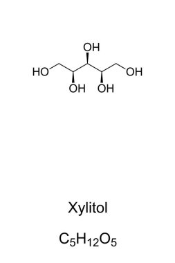 Xylitol, ayrıca Xylite, kimyasal yapı ve formül. Polialalkol ve şeker alkolü, gıda katkı maddesi ve şeker yerine kullanılır, ama yaygın bir ev tatlandırıcı değildir. E967. İllüzyon. Vektör