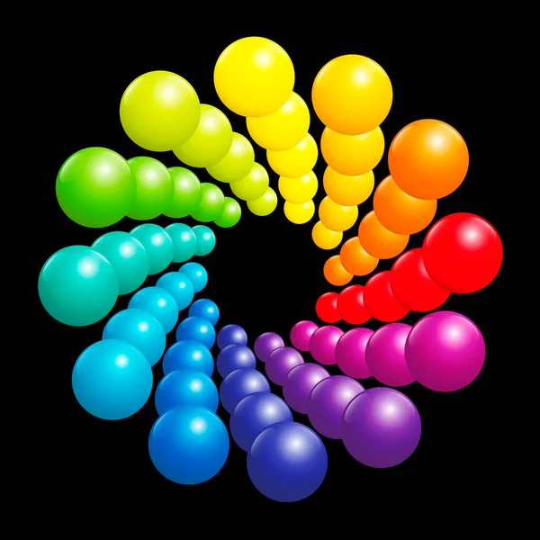 カラフルなスパイラルパターンは 非常に光沢のある虹のスペクトルは 多くの3次元の色のボールによって形成される 黒の背景のベクトルイラスト — ストックベクタ