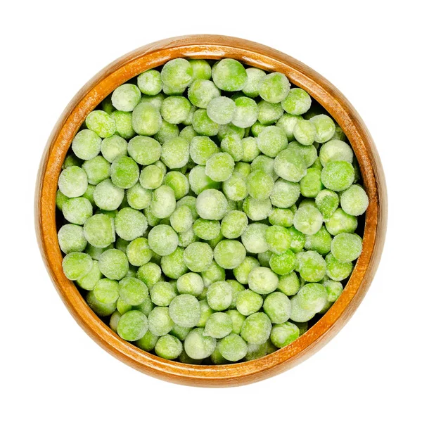 Ervilhas Verdes Congeladas Tigela Madeira Pequenas Sementes Esféricas Fruto Vagem — Fotografia de Stock