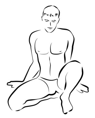 Erkek çıplak tasviri. Seksi, genç, yakışıklı, atletik, üstsüz, oturan adam. Beyaz arkaplanda çizgi roman tarzı vektör illüstrasyonu.