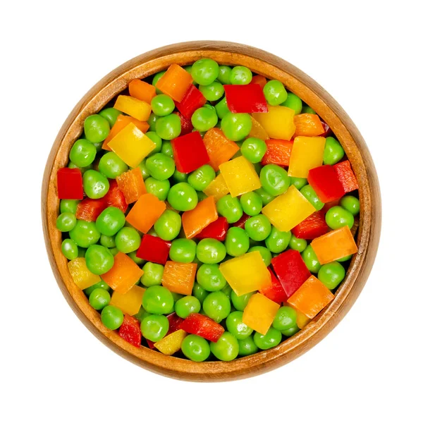 Guisantes Verdes Pimientos Picados Cuenco Madera Verduras Mixtas Semillas Frutos — Foto de Stock