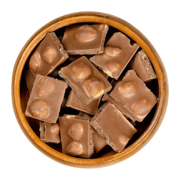 Hazelnut Milk Chocolate Bars Broken Pieces Wooden Bowl Small Segments — Stock Photo, Image