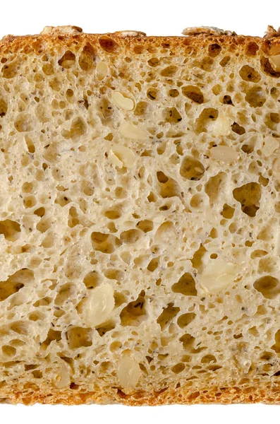Kromka Chleba Orkiszowego Góry Zbliżenie Brązowy Chleb Zakwaszony Mieszanka Mąki — Zdjęcie stockowe