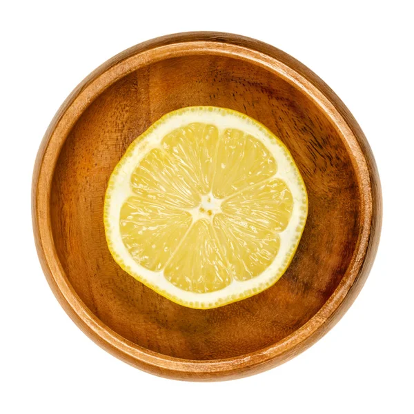 Limão Metade Tigela Madeira Frutas Cítricas Comestíveis Amarelas Recém Cortadas — Fotografia de Stock