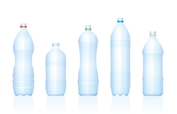 Botol Plastik Berbagai Koleksi Botol Air Transparan Biru Kosong Yang - Stok Vektor
